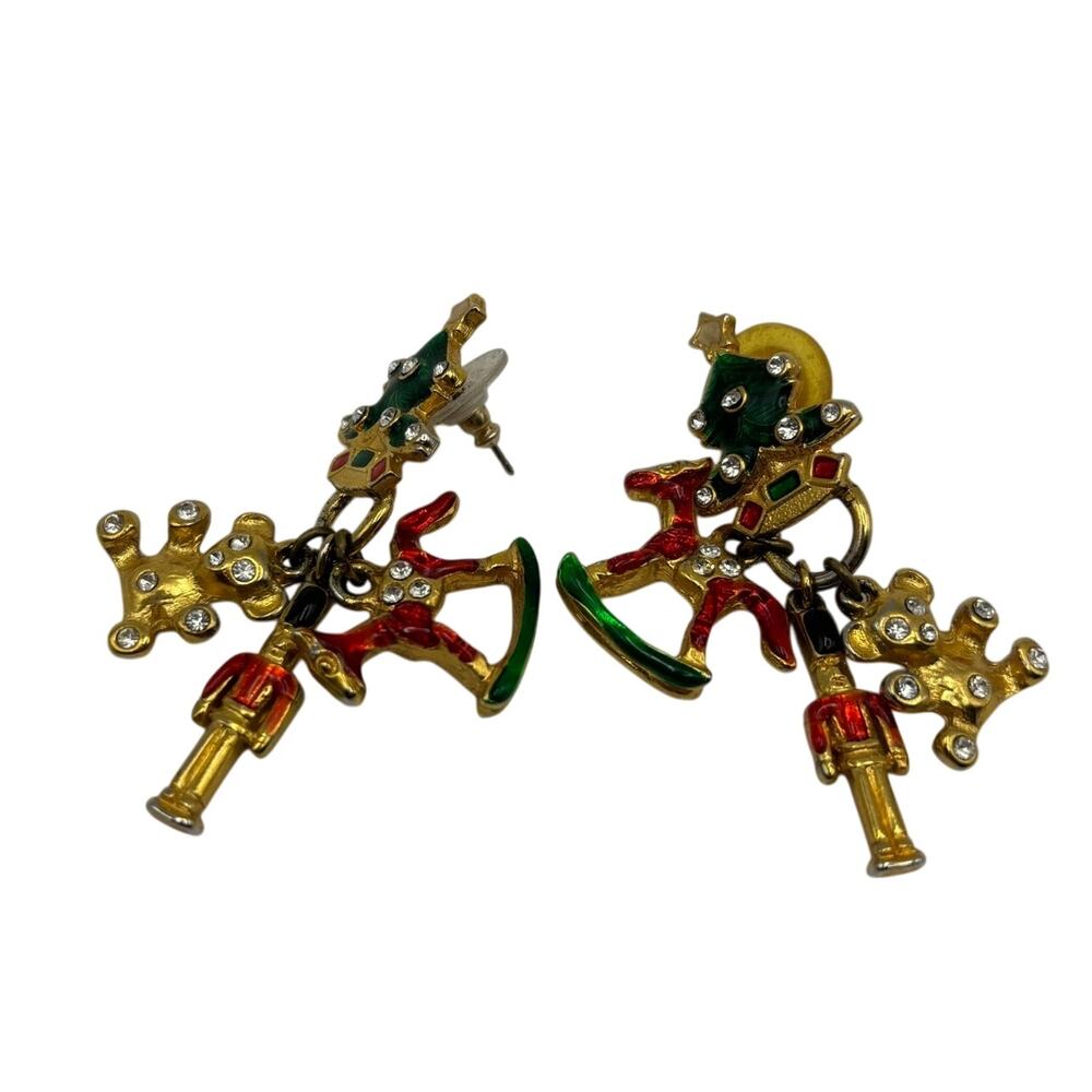Vintage Christmas Tree Nutcracker Bear Rocking Horse Dangle Post Earrings